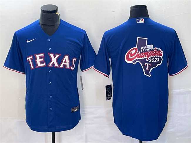 Mens Texas Rangers Royal 2023 World Series Champions Big Logo Cool Base Stitched Baseball Jersey